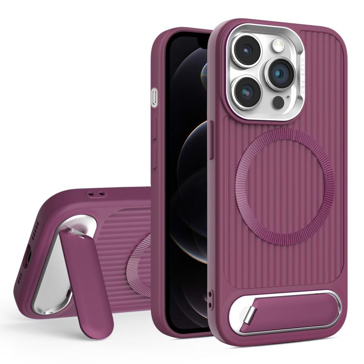

For iPhone 12 Pro Vertical Lines Invisible Flat Holder MagSafe Phone Case(Wine Red)