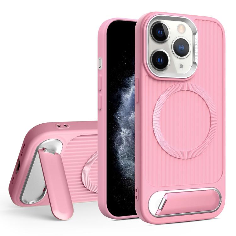 

For iPhone 11 Pro Max Vertical Lines Invisible Flat Holder MagSafe Phone Case(Pink)