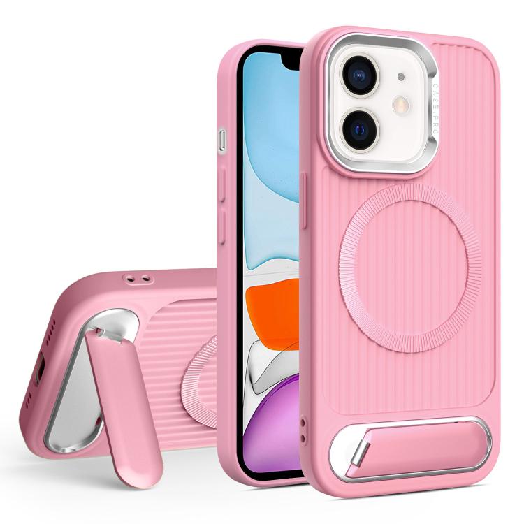 

For iPhone 11 Vertical Lines Invisible Flat Holder MagSafe Phone Case(Pink)