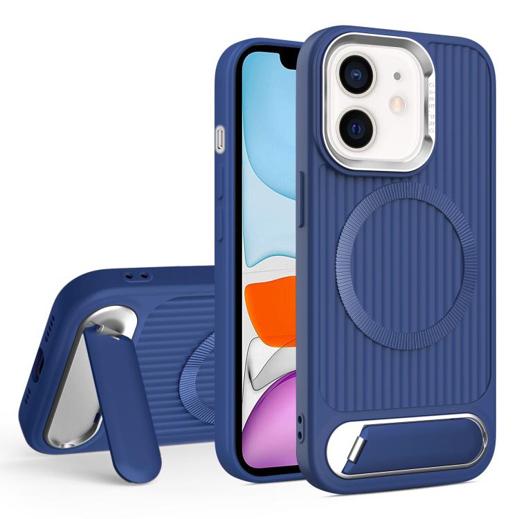 

For iPhone 11 Vertical Lines Invisible Flat Holder MagSafe Phone Case(Blue)
