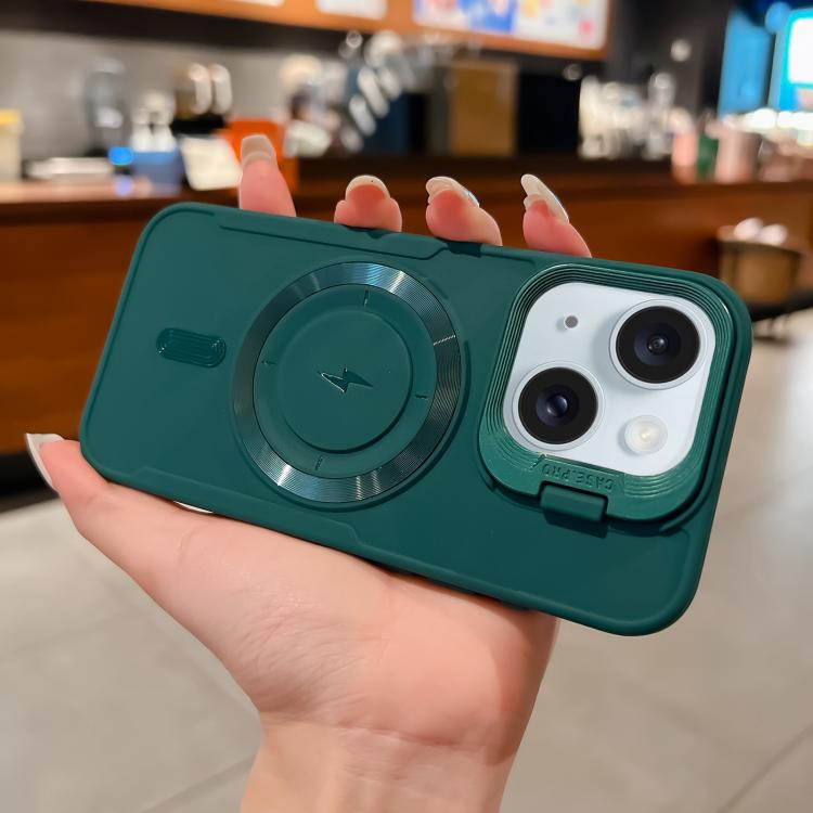 

For iPhone 15 Lens Frame Holder Blade MagSafe Phone Case(Deep Green)
