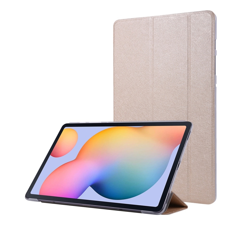 

For Samsung Galaxy Tab S8 / Galaxy Tab S7 / T870 Silk Texture Three-fold Horizontal Flip Leather Case with Holder & Pen Slot(Gold)