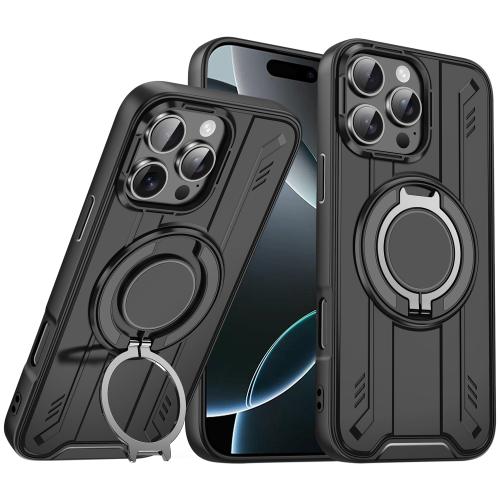

For iPhone 16 Pro Rotating Ring Holder Magnetic MagSafe Phone Case(Black)