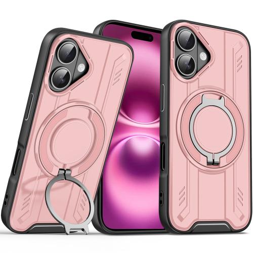 

For iPhone 16 Plus Rotating Ring Holder Magnetic MagSafe Phone Case(Pink)
