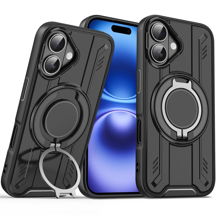 

For iPhone 16 Rotating Ring Holder Magnetic MagSafe Phone Case(Black)
