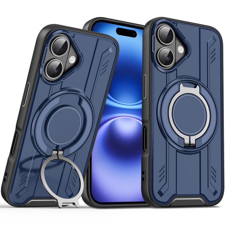 

For iPhone 16 Rotating Ring Holder Magnetic MagSafe Phone Case(Blue)