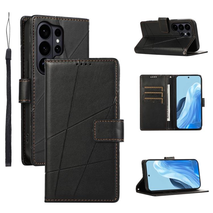 

For Samsung Galaxy S26 Ultra 5G PU Genuine Leather Texture Embossed Line Phone Case(Black)