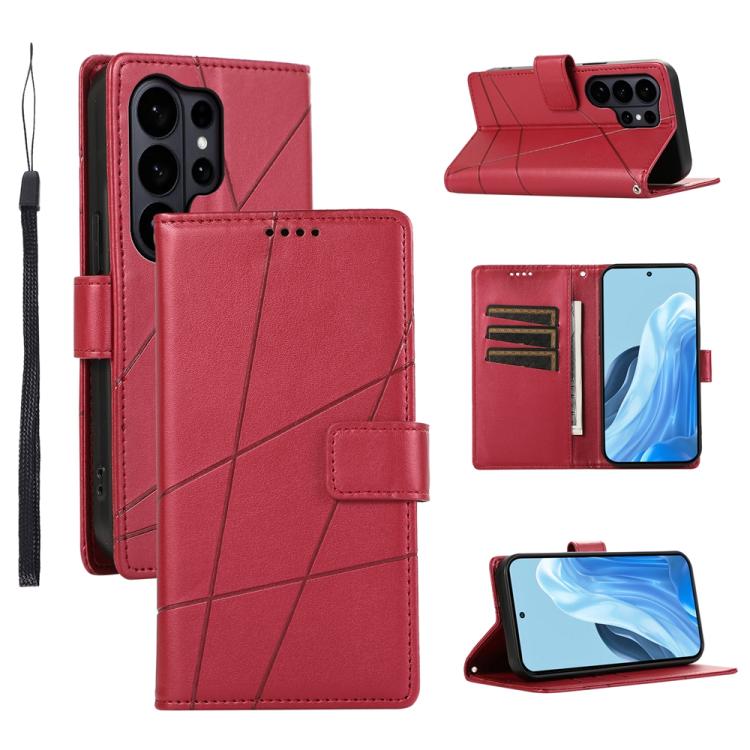 

For Samsung Galaxy S26 Ultra 5G PU Genuine Leather Texture Embossed Line Phone Case(Red)