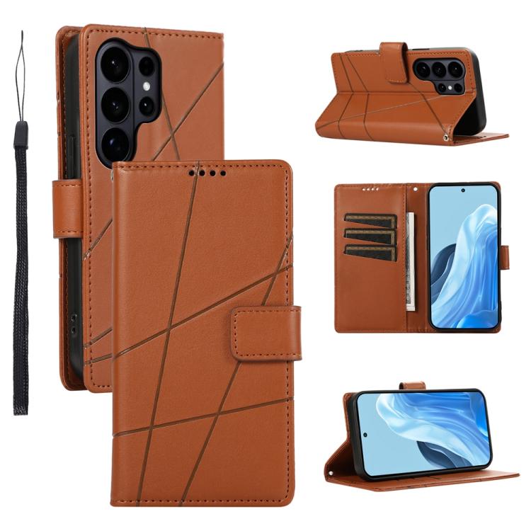

For Samsung Galaxy S26 Ultra 5G PU Genuine Leather Texture Embossed Line Phone Case(Brown)