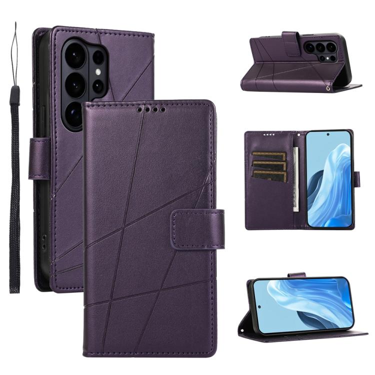 

For Samsung Galaxy S26 Ultra 5G PU Genuine Leather Texture Embossed Line Phone Case(Purple)
