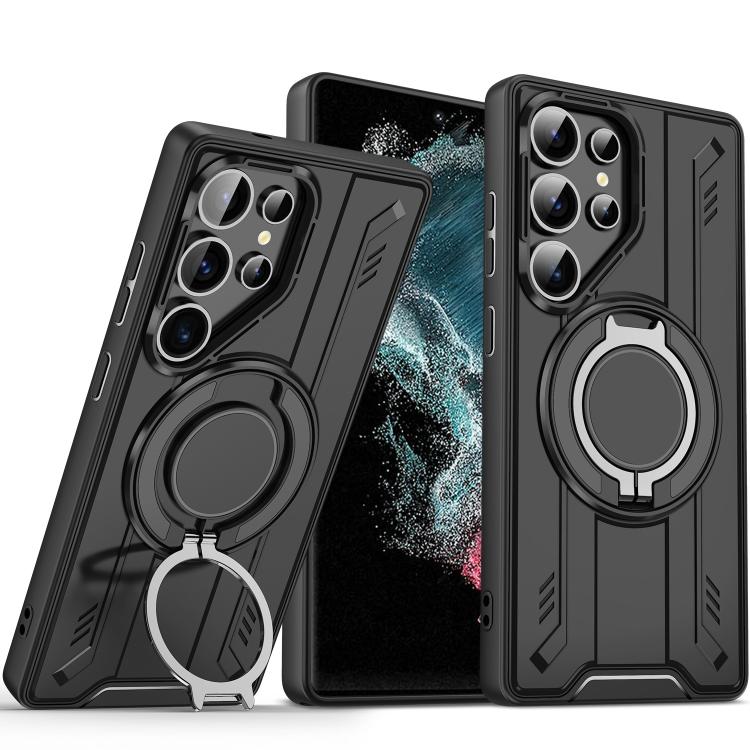 

For Samsung Galaxy S22 Ultra 5G Rotating Ring Holder Magnetic MagSafe Phone Case(Black)