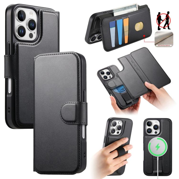 

For iPhone 16 Pro Max CaseNeo Finger Grip Strap MagSafe Leather Phone Case(Black)