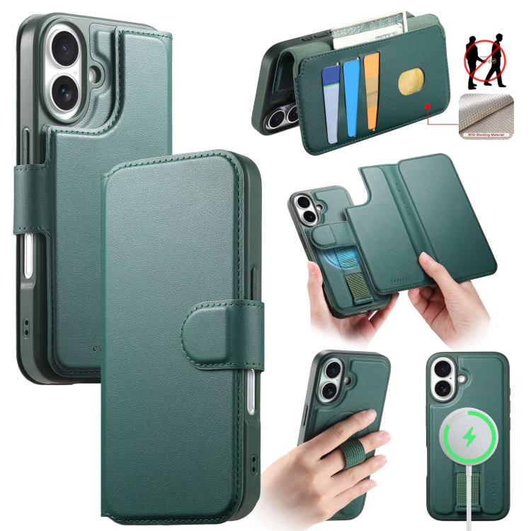 

For iPhone 16 Plus CaseNeo Finger Grip Strap MagSafe Leather Phone Case(Green)