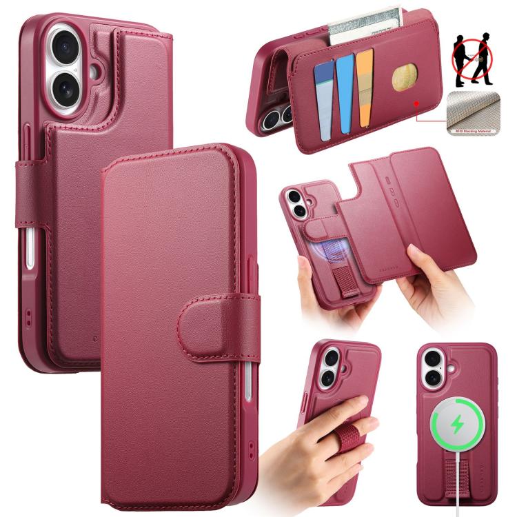 

For iPhone 16 Plus CaseNeo Finger Grip Strap MagSafe Leather Phone Case(Red)