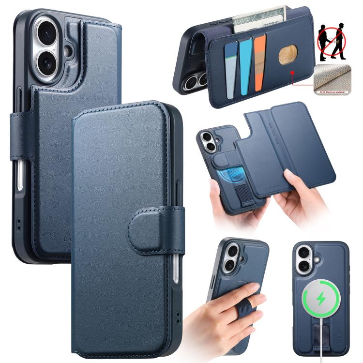 

For iPhone 16 Plus CaseNeo Finger Grip Strap MagSafe Leather Phone Case(Blue)