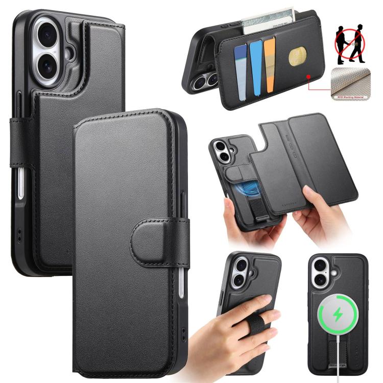 

For iPhone 16 CaseNeo Finger Grip Strap MagSafe Leather Phone Case(Black)