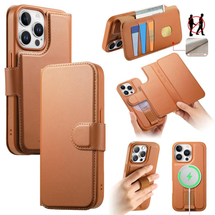 

For iPhone 14 Pro Max CaseNeo Finger Grip Strap MagSafe Leather Phone Case(Brown)