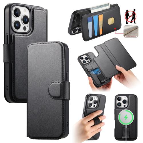 

For iPhone 14 Pro Max CaseNeo Finger Grip Strap MagSafe Leather Phone Case(Black)