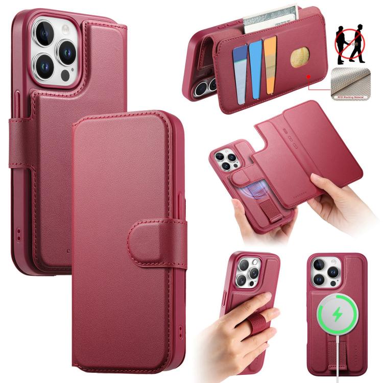 

For iPhone 14 Pro Max CaseNeo Finger Grip Strap MagSafe Leather Phone Case(Red)