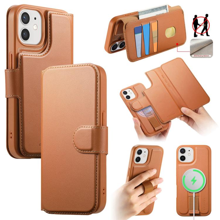 

For iPhone 12 / 12 Pro CaseNeo Finger Grip Strap MagSafe Leather Phone Case(Brown)