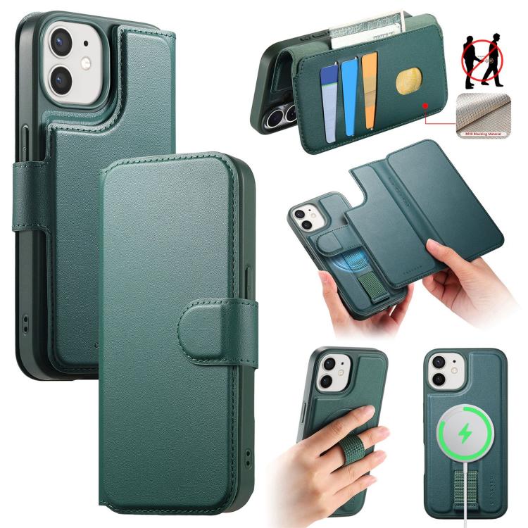 

For iPhone 12 / 12 Pro CaseNeo Finger Grip Strap MagSafe Leather Phone Case(Green)
