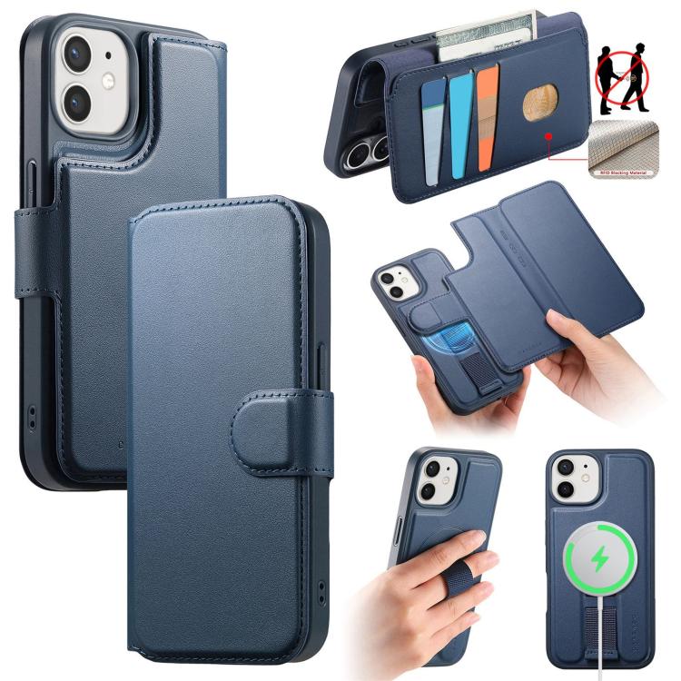 

For iPhone 12 / 12 Pro CaseNeo Finger Grip Strap MagSafe Leather Phone Case(Blue)