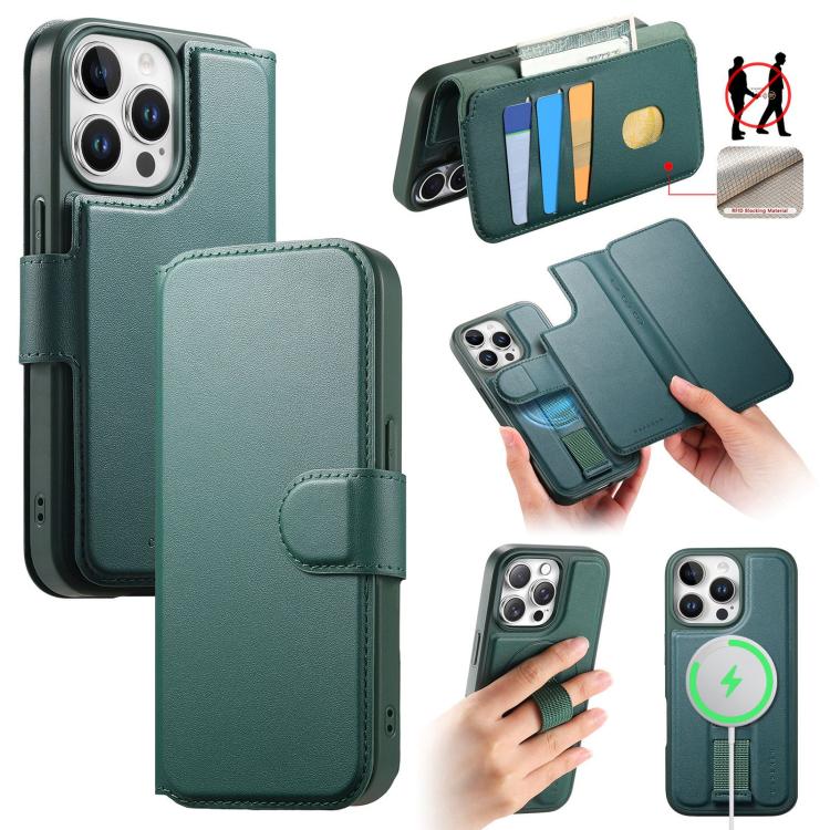 

For iPhone 12 Pro Max CaseNeo Finger Grip Strap MagSafe Leather Phone Case(Green)