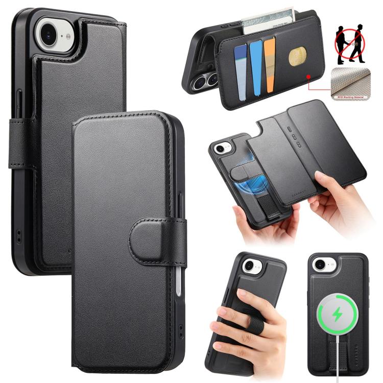 For iPhone 17e / 16e CaseNeo Finger Grip Strap MagSafe Leather Phone Case(Black)