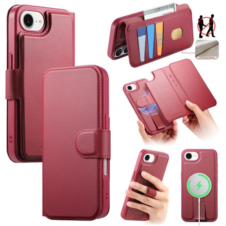 

For iPhone 16e CaseNeo Finger Grip Strap MagSafe Leather Phone Case(Red)