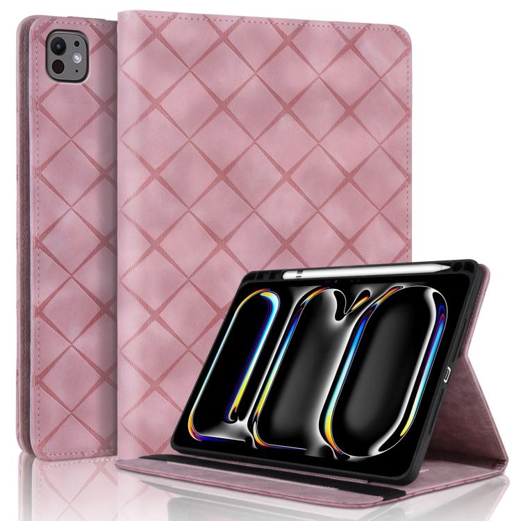 

For iPad Pro 13 2024 Rhombus Embossed Leather Smart Tablet Case(Pink)