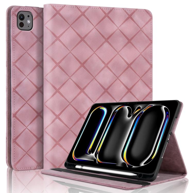 

For iPad Air 13 2025 / 2024 / Pro 12.9 Rhombus Embossed Leather Smart Tablet Case(Pink)