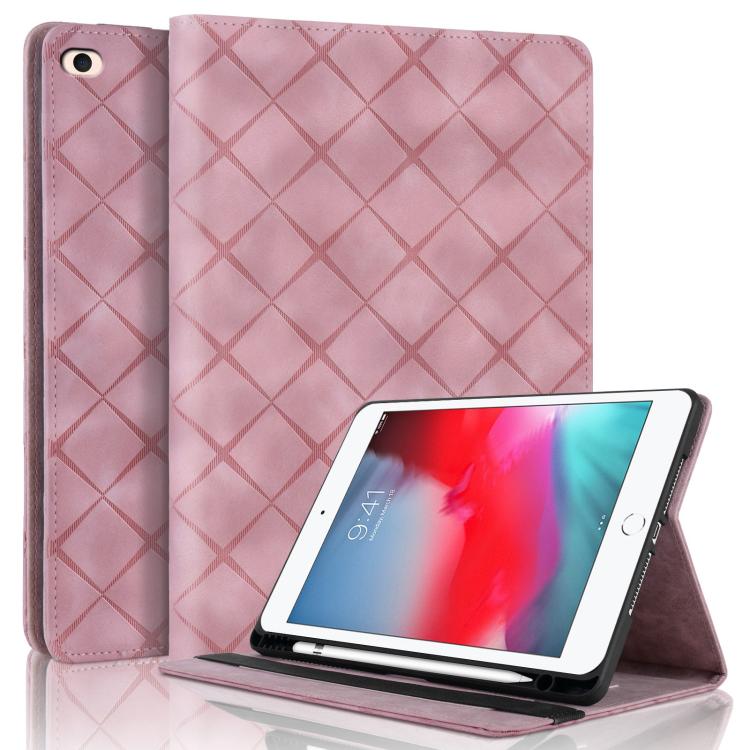 

For iPad mini 5 / 4 / 3 / 2 / 1 Rhombus Embossed Leather Smart Tablet Case(Pink)