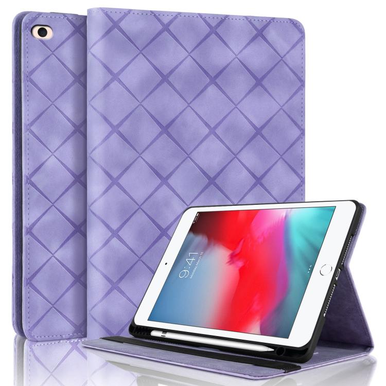 

For iPad mini 5 / 4 / 3 / 2 / 1 Rhombus Embossed Leather Smart Tablet Case(Purple)