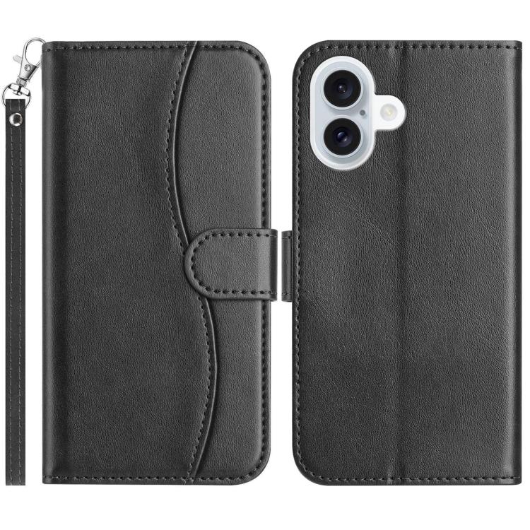 

For iPhone 16 Plus Dual-Folded S-shape Leather Phone Case(Black)