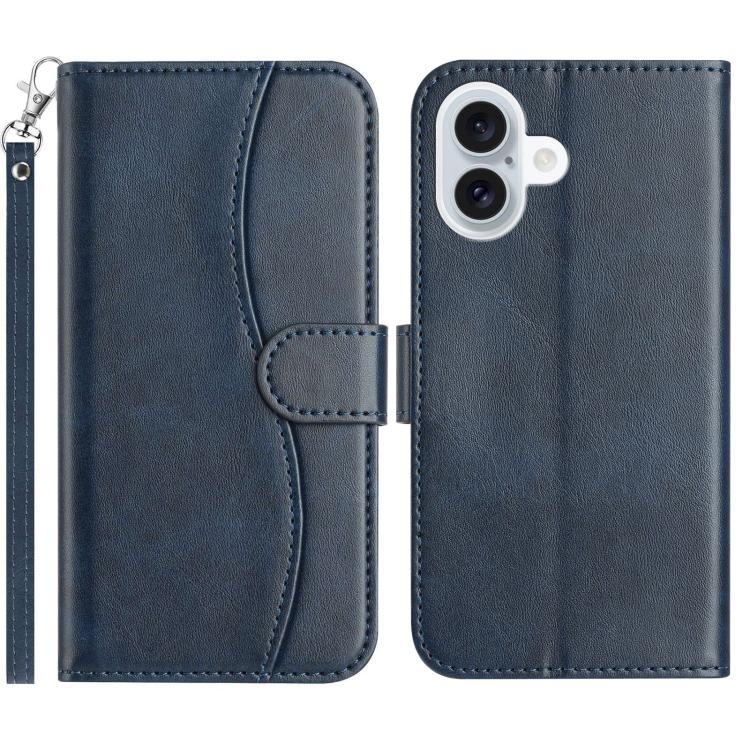 

For iPhone 16 Dual-Folded S-shape Leather Phone Case(Navy Blue)
