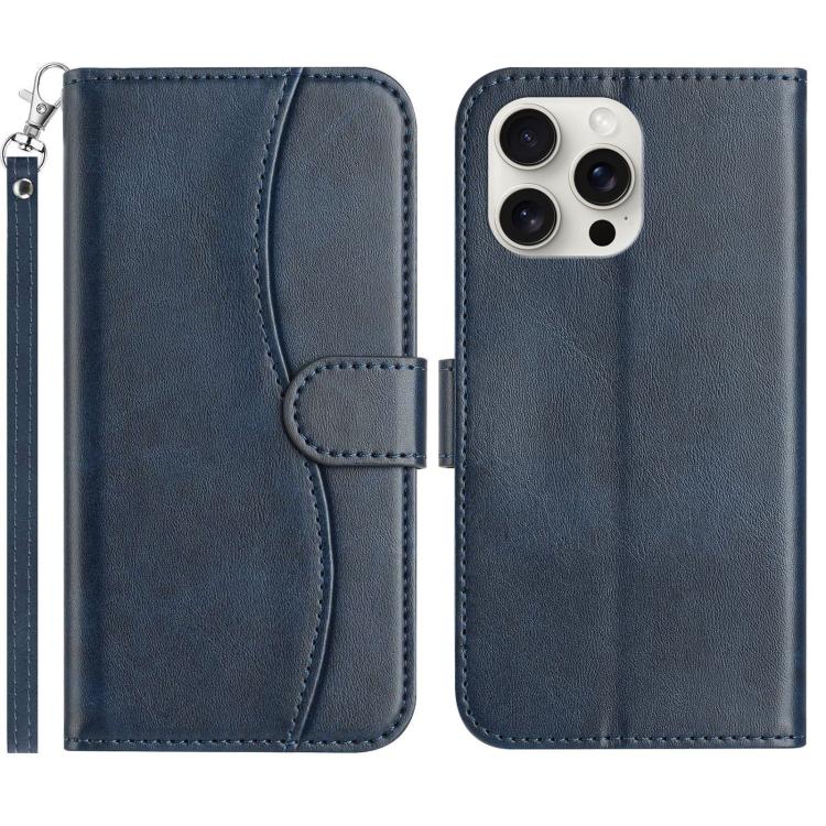 

For iPhone 14 Pro Max Dual-Folded S-shape Leather Phone Case(Navy Blue)