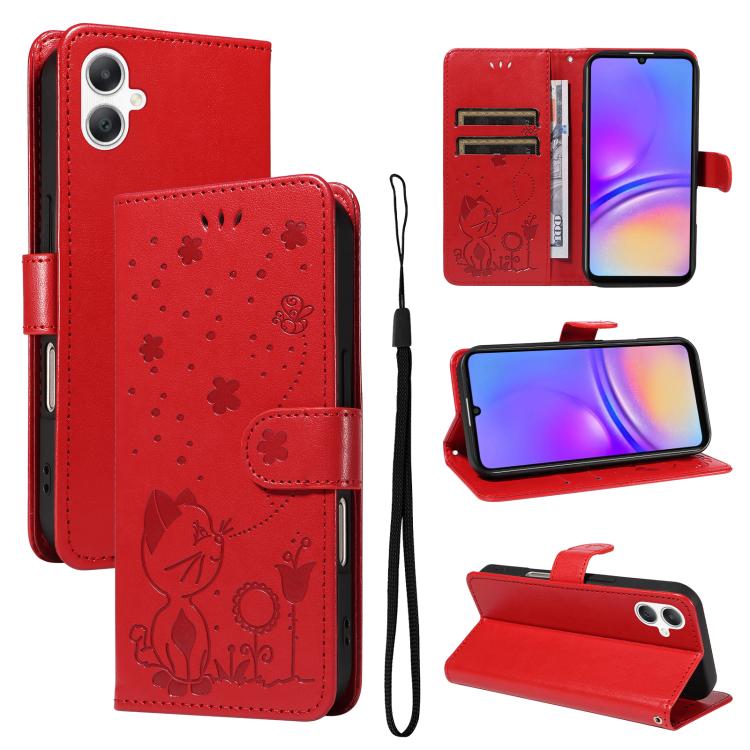 

For Samsung Galaxy A07 5G Cat and Bee Embossed Flip Leather Phone Case(Red)