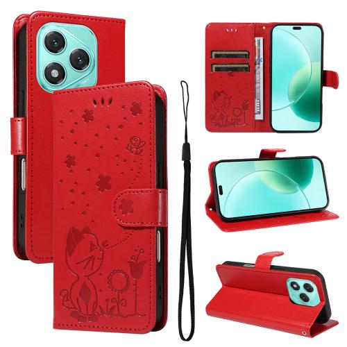 

For Honor 400 Lite Cat and Bee Embossed Flip Leather Phone Case(Red)