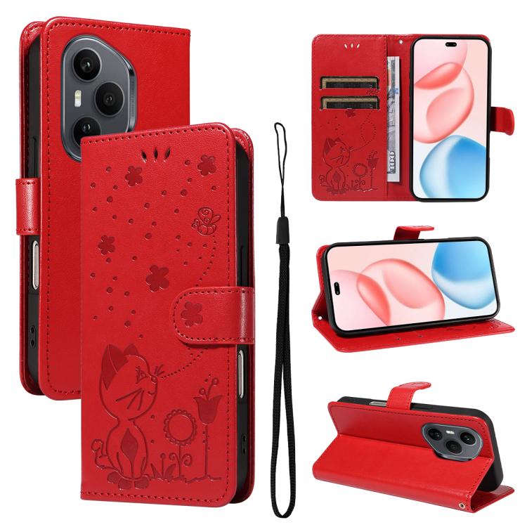 

For Honor 400 Pro Global 160.8mm Cat and Bee Embossed Flip Leather Phone Case(Red)