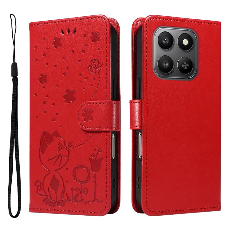 

For Honor 400 Smart 5G Cat and Bee Embossed Flip Leather Phone Case(Red)