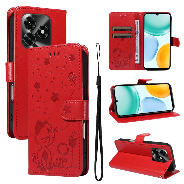 

For Honor X5c Plus Cat and Bee Embossed Flip Leather Phone Case(Red)