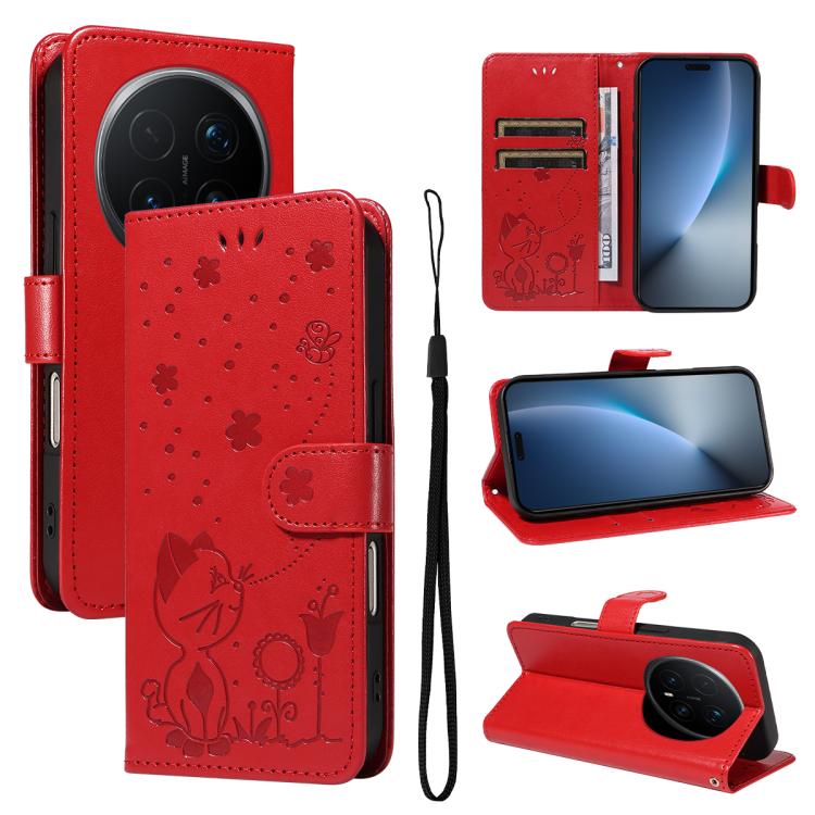 

For Honor Magic8 Pro Cat and Bee Embossed Flip Leather Phone Case(Red)