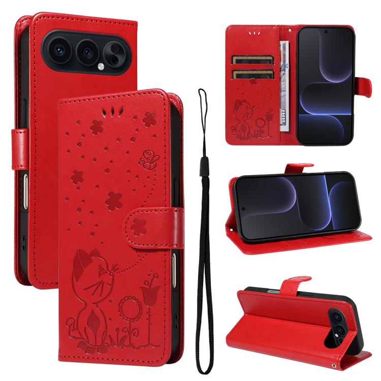

For Honor 500 Pro Global 155.8mm Cat and Bee Embossed Flip Leather Phone Case(Red)