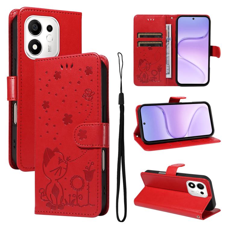 For Honor 600 Smart 5G Cat and Bee Embossed Flip Leather Phone Case(Red)