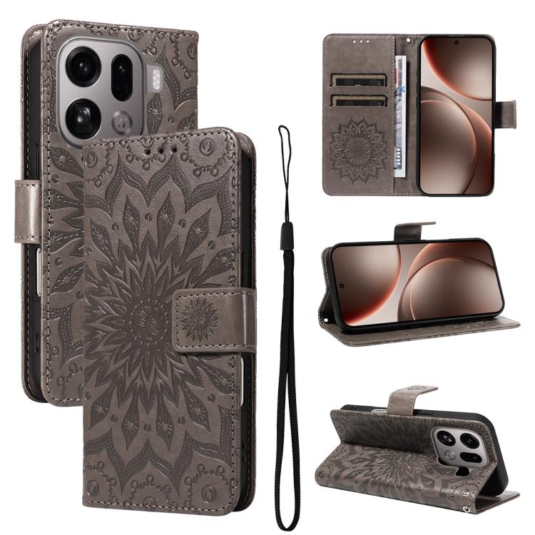 

For OPPO Find X9 Pro Embossed Sunflower Pattern Flip Leather Phone Case(Grey)