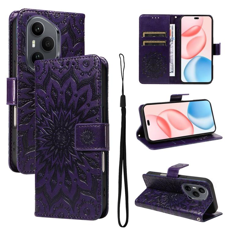 

For Honor 400 Pro Global 160.8mm Embossed Sunflower Pattern Flip Leather Phone Case(Purple)