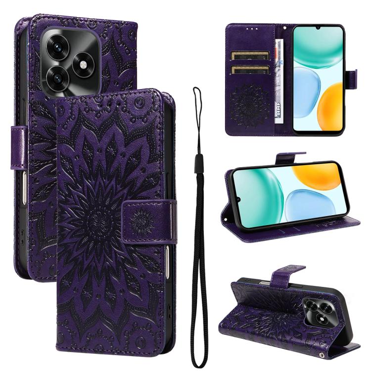 

For Honor X5c Plus Embossed Sunflower Pattern Flip Leather Phone Case(Purple)