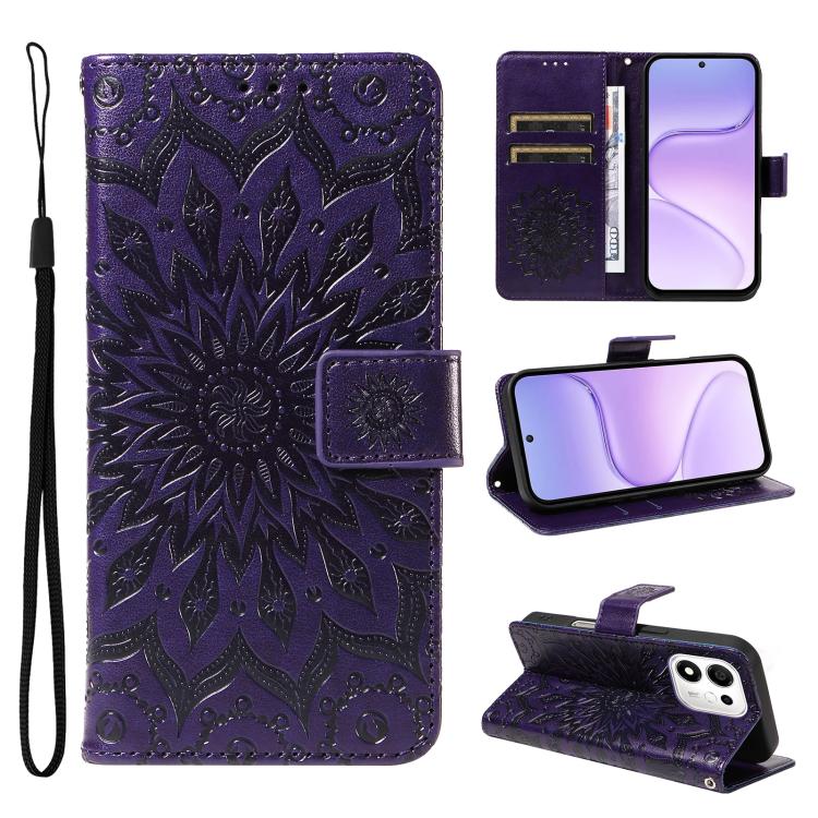 For Honor 600 Smart 5G Embossed Sunflower Pattern Flip Leather Phone Case(Purple)