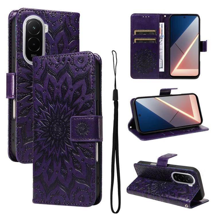 

For Xiaomi Poco M7 4G 169mm Embossed Sunflower Pattern Flip Leather Phone Case(Purple)