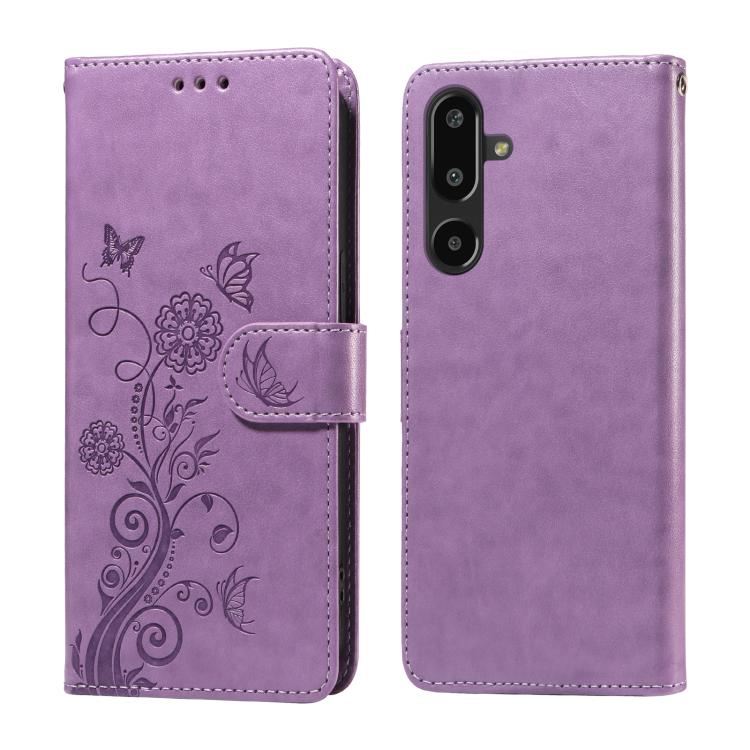 

For Samsung Galaxy F16 5G / M16 5G Embossed Butterfly Flowers Leather Phone Case(Purple)